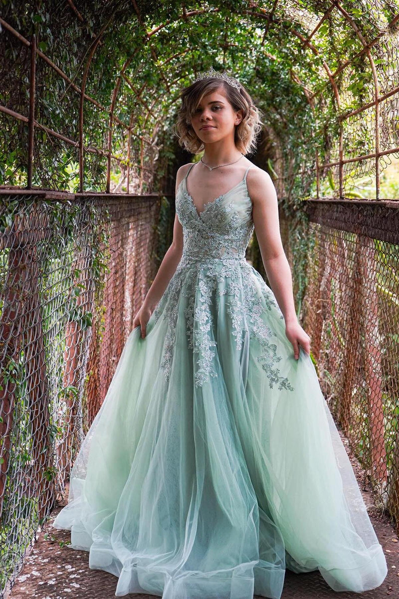 Straps Sage Green Appliques Tulle Long Formal Dress