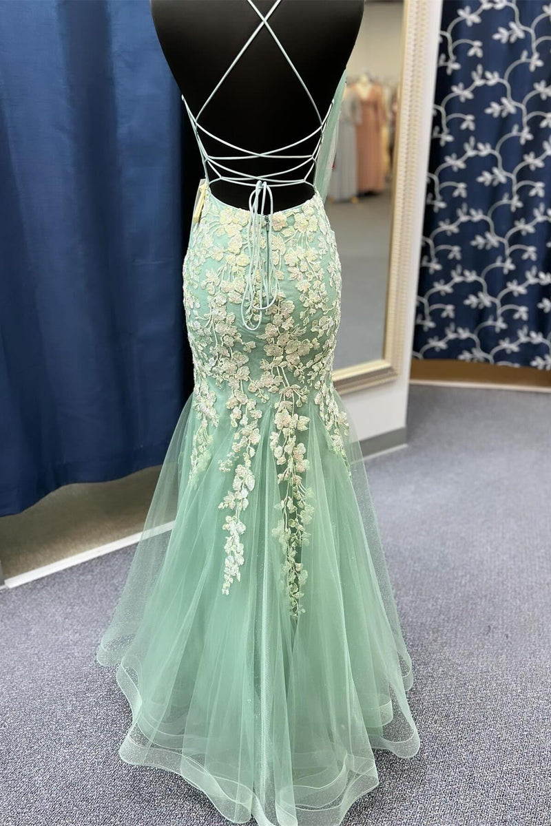 Straps Sage Green Lace Appliques Mermaid Long Prom Dress