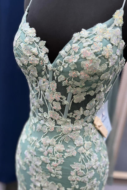 Straps Sage Green Lace Appliques Mermaid Long Prom Dress
