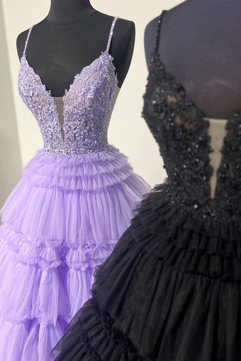 Straps Tulle Ruffle Long Formal Dress