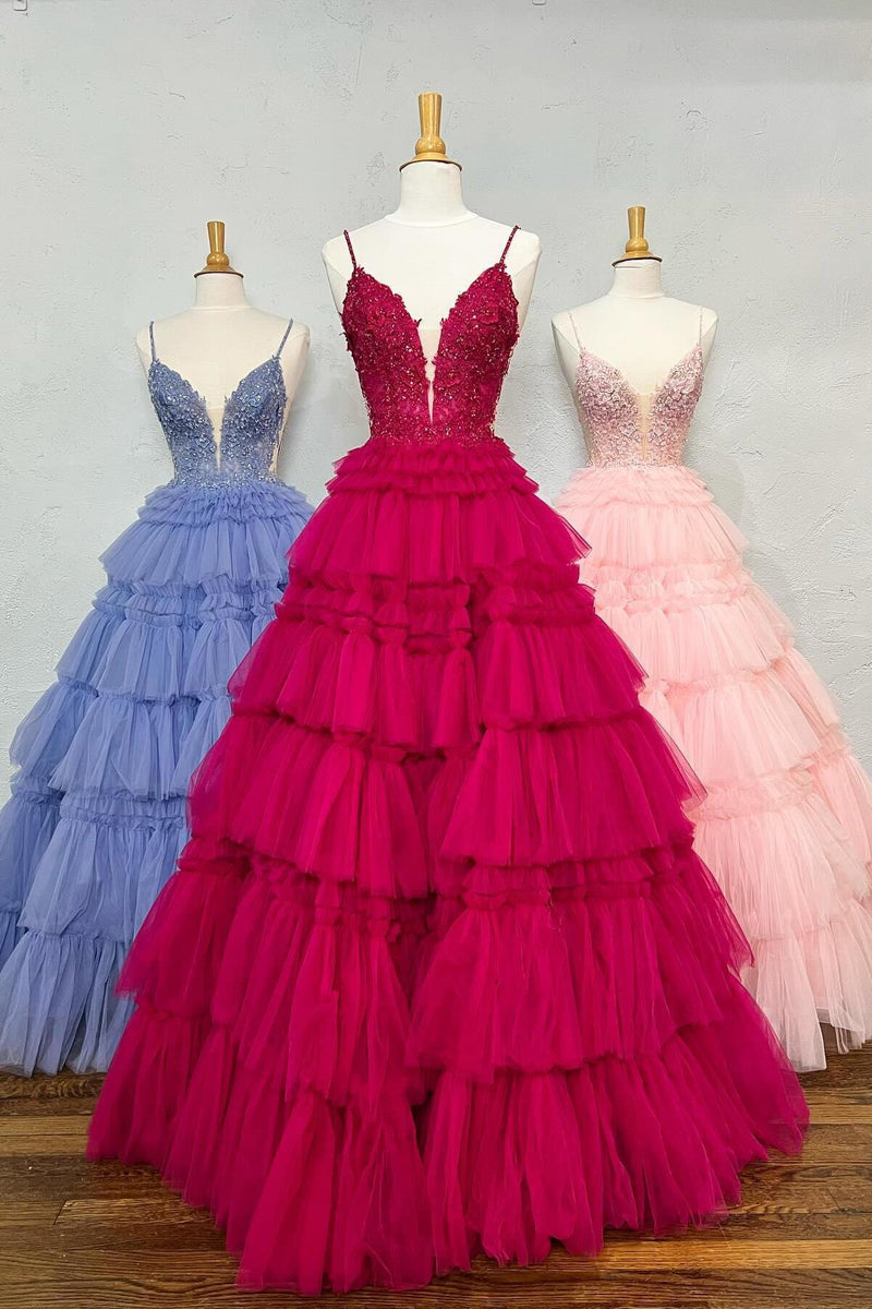 Straps Tulle Ruffle Long Formal Dress