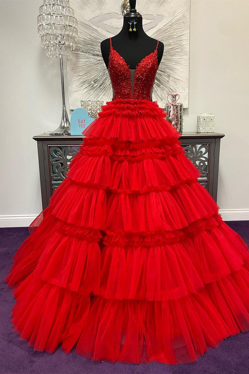 Straps Tulle Ruffle Long Formal Dress