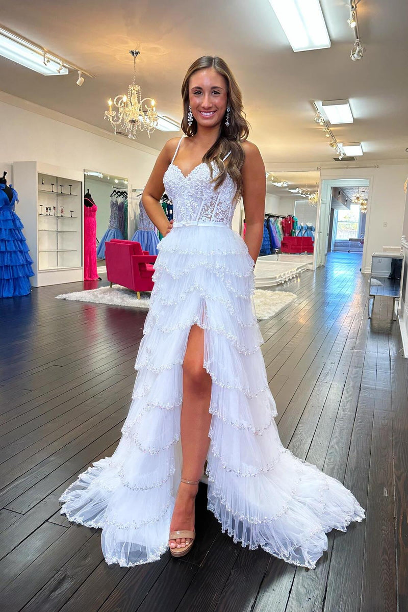 Straps White Appliques Tiered Ruffle Prom Dress