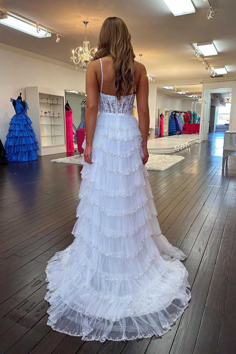 Straps White Appliques Tiered Ruffle Prom Dress