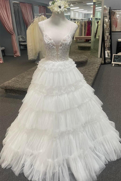 Straps White Lace and Tulle Tiered Ruffles Long Prom Dress