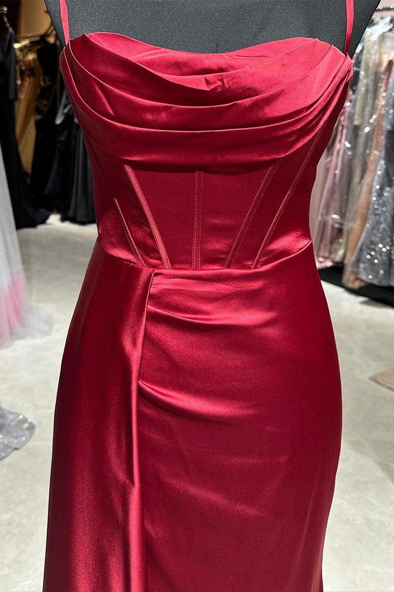 Straps Wine Red Satin Cowl Neck Dress