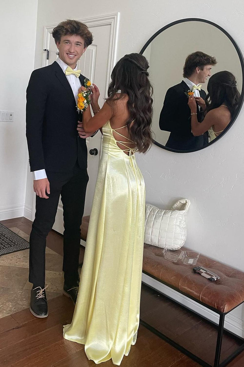 Straps Yellow Maxi Dress With Slit