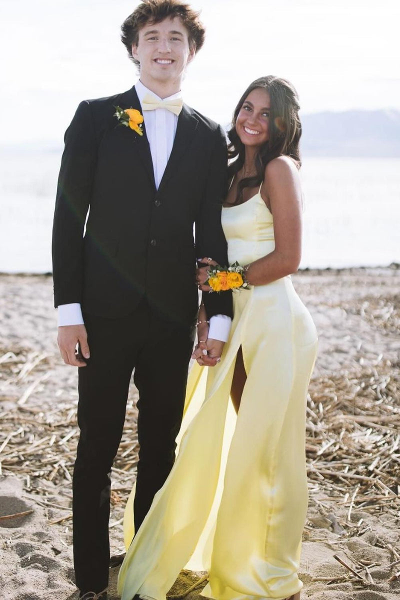 Straps Yellow Maxi Dress With Slit
