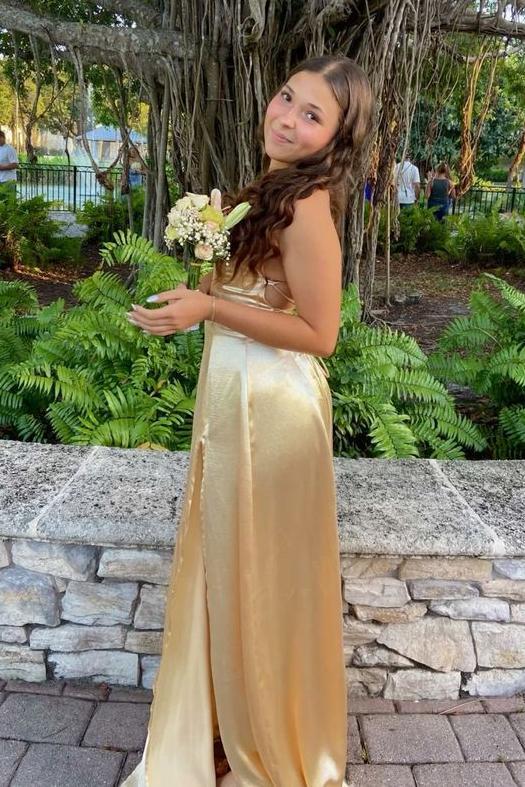 Straps Yellow Maxi Dress With Slit