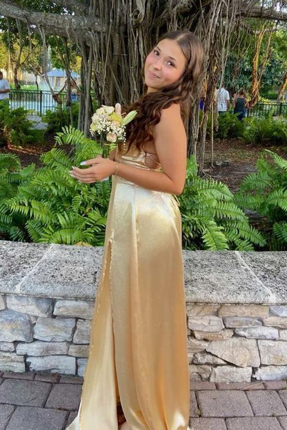 Straps Yellow Maxi Dress With Slit
