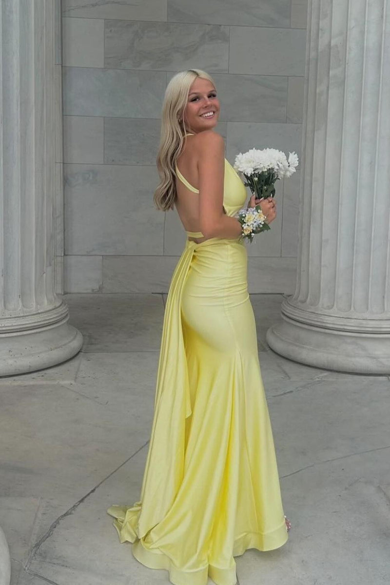 Straps Yellow Mermaid Formal Dress with Train