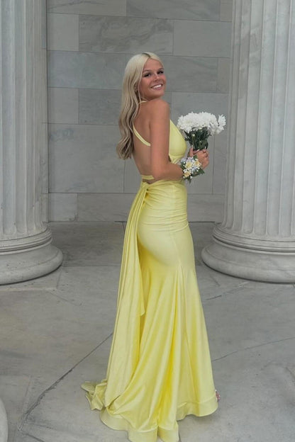 Straps Yellow Mermaid Formal Dress with Train