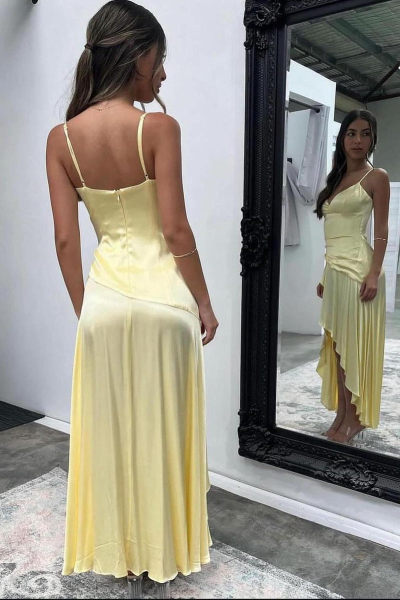 Straps Yellow Silk Ruffle Party Dress