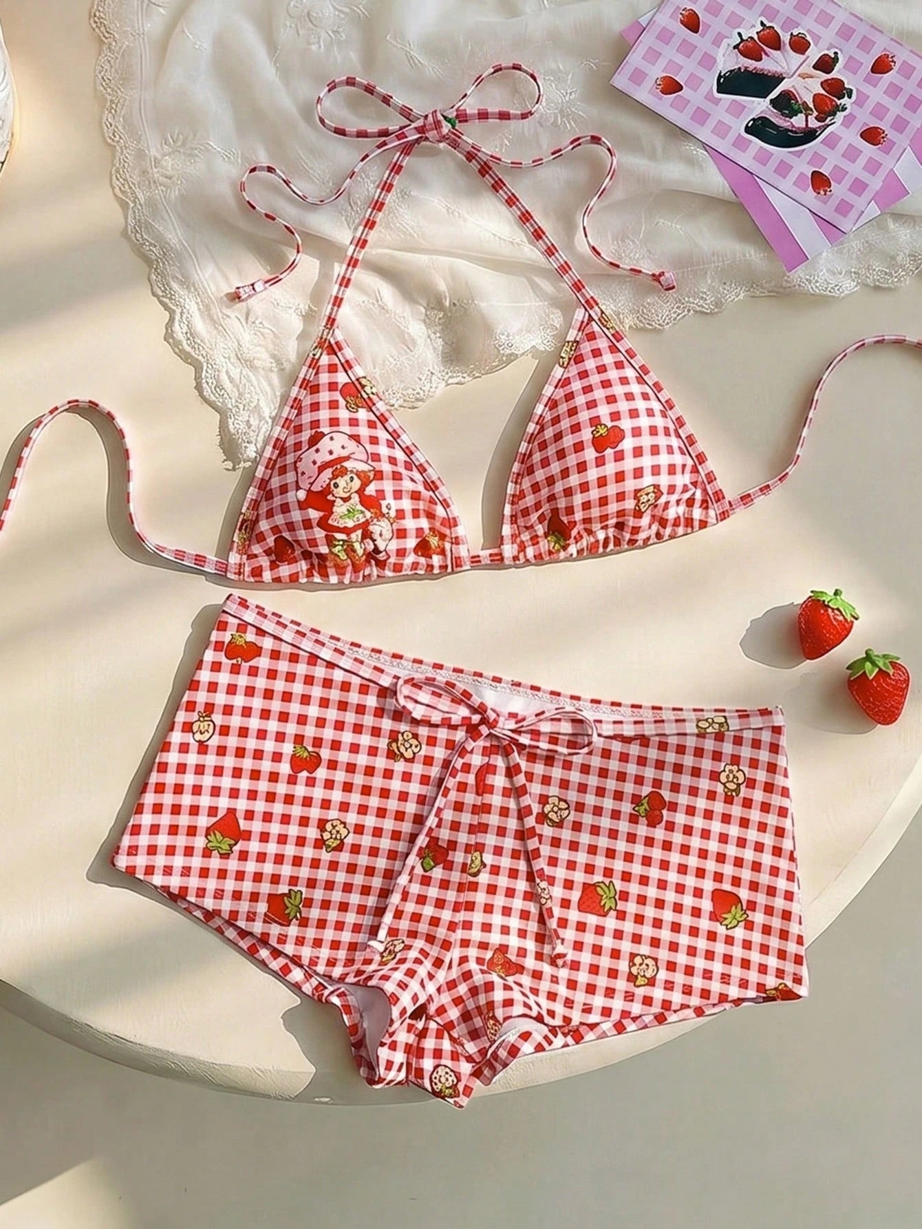 Strawberry Shortcake X Women's Summer Beach Plaid Print Halter Bikini Set