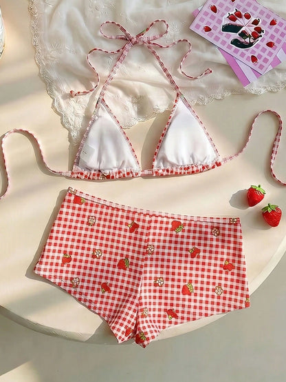 Strawberry Shortcake X Women's Summer Beach Plaid Print Halter Bikini Set