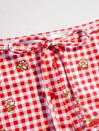 Strawberry Shortcake X Women's Summer Beach Plaid Print Halter Bikini Set