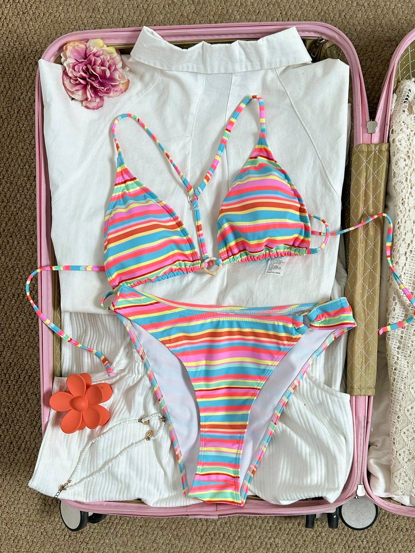 Striped Print Bikini Set, Triangle Top With Adjustable Shoulder Straps, Low Waist High Cut Swim Bottoms, Summer Swimwear Vacation Beach