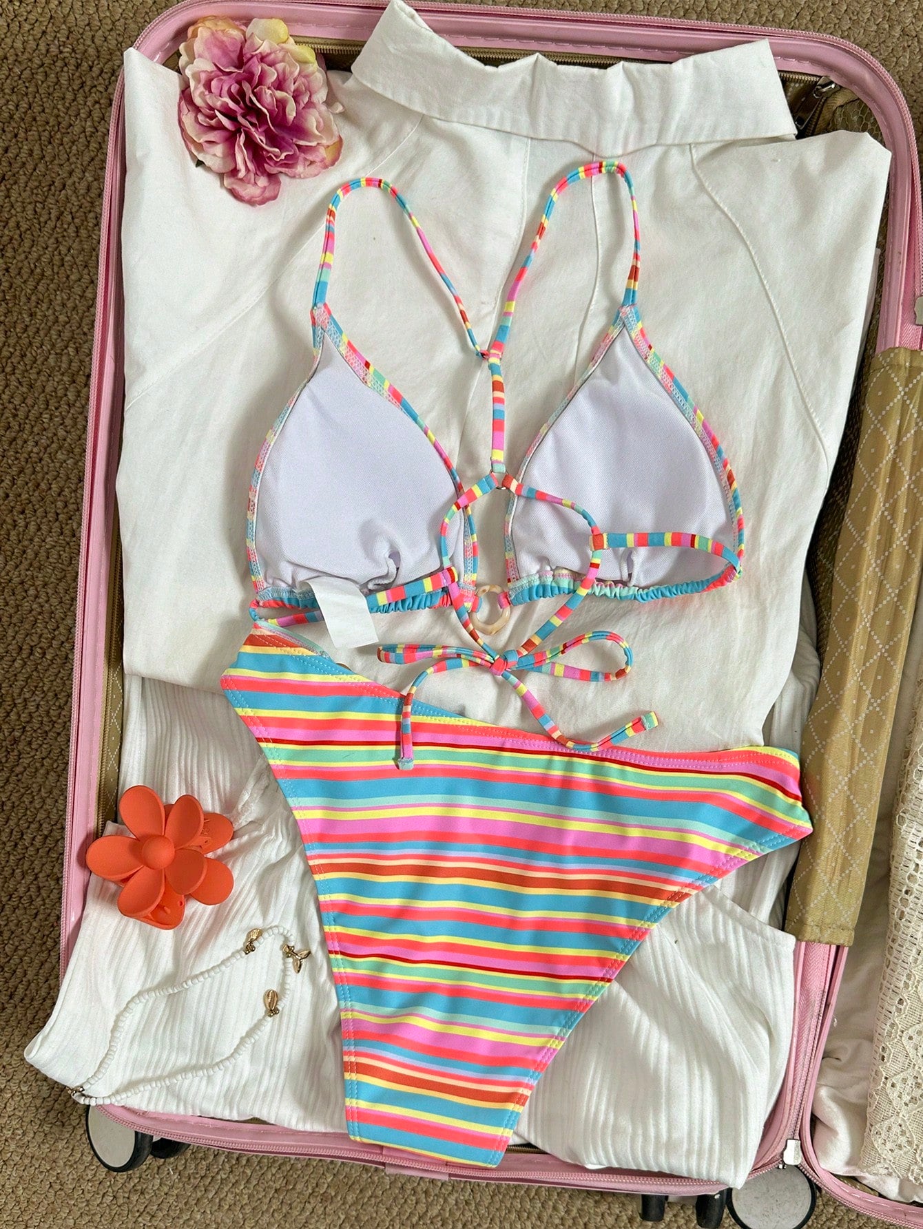 Striped Print Bikini Set, Triangle Top With Adjustable Shoulder Straps, Low Waist High Cut Swim Bottoms, Summer Swimwear Vacation Beach