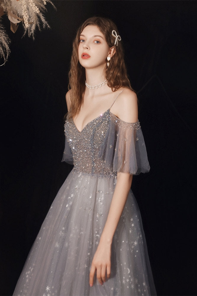 Stunning A-line Grey Tulle Long Formal Dress