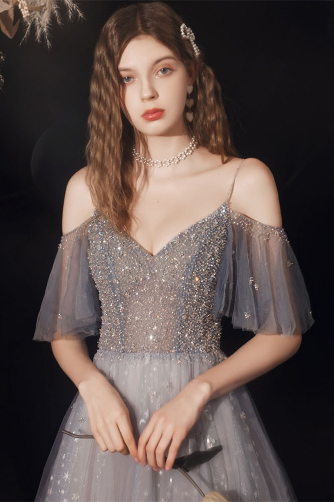 Stunning A-line Grey Tulle Long Formal Dress