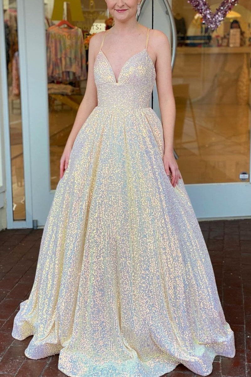 Stunning Gold Spaghetti Straps Gold A-line Long Princess Dress
