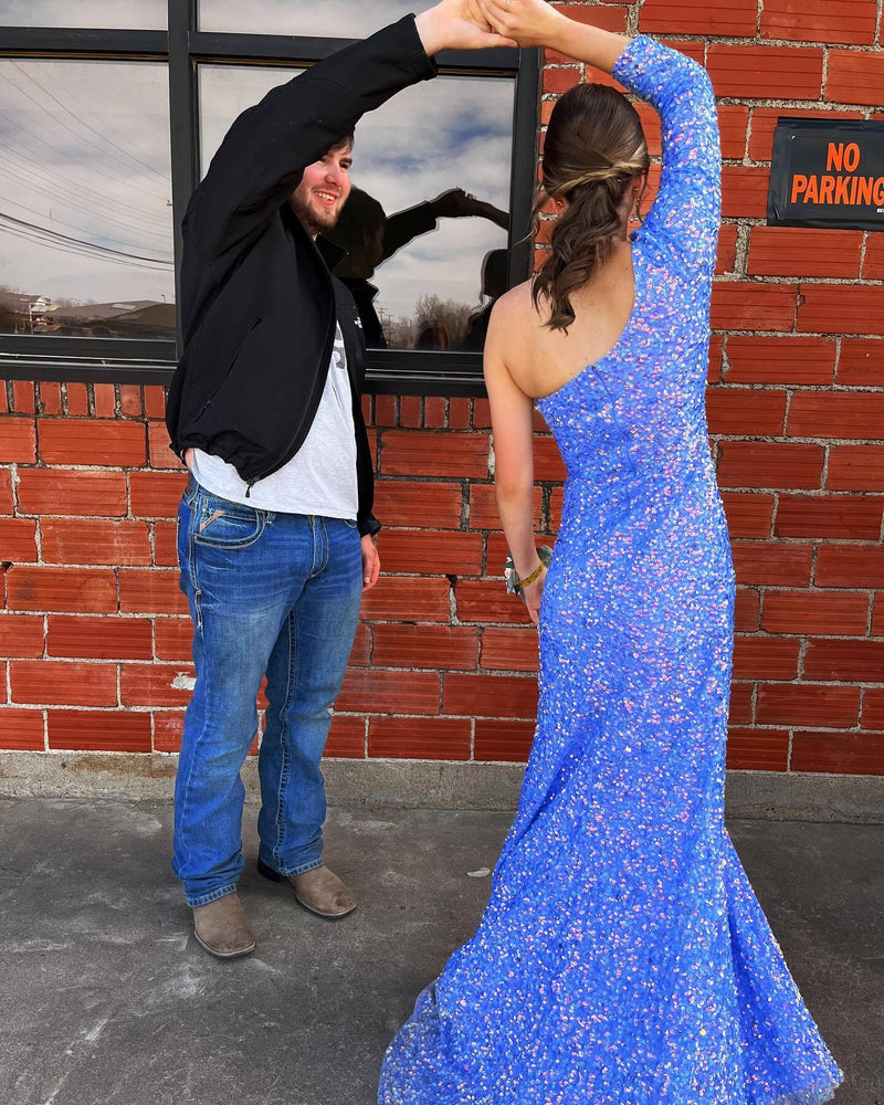 Stunning Light Purple Sequins Mermaid One Sleeve Prom Gown
