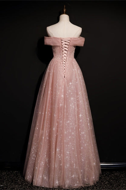 Stunning Off the Shoulder Pink Long Prom Dress