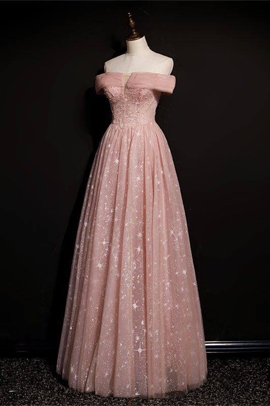 Stunning Off the Shoulder Pink Long Prom Dress
