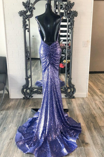 Stunning Purple Sequins Mermaid Backless Long Formal Dress