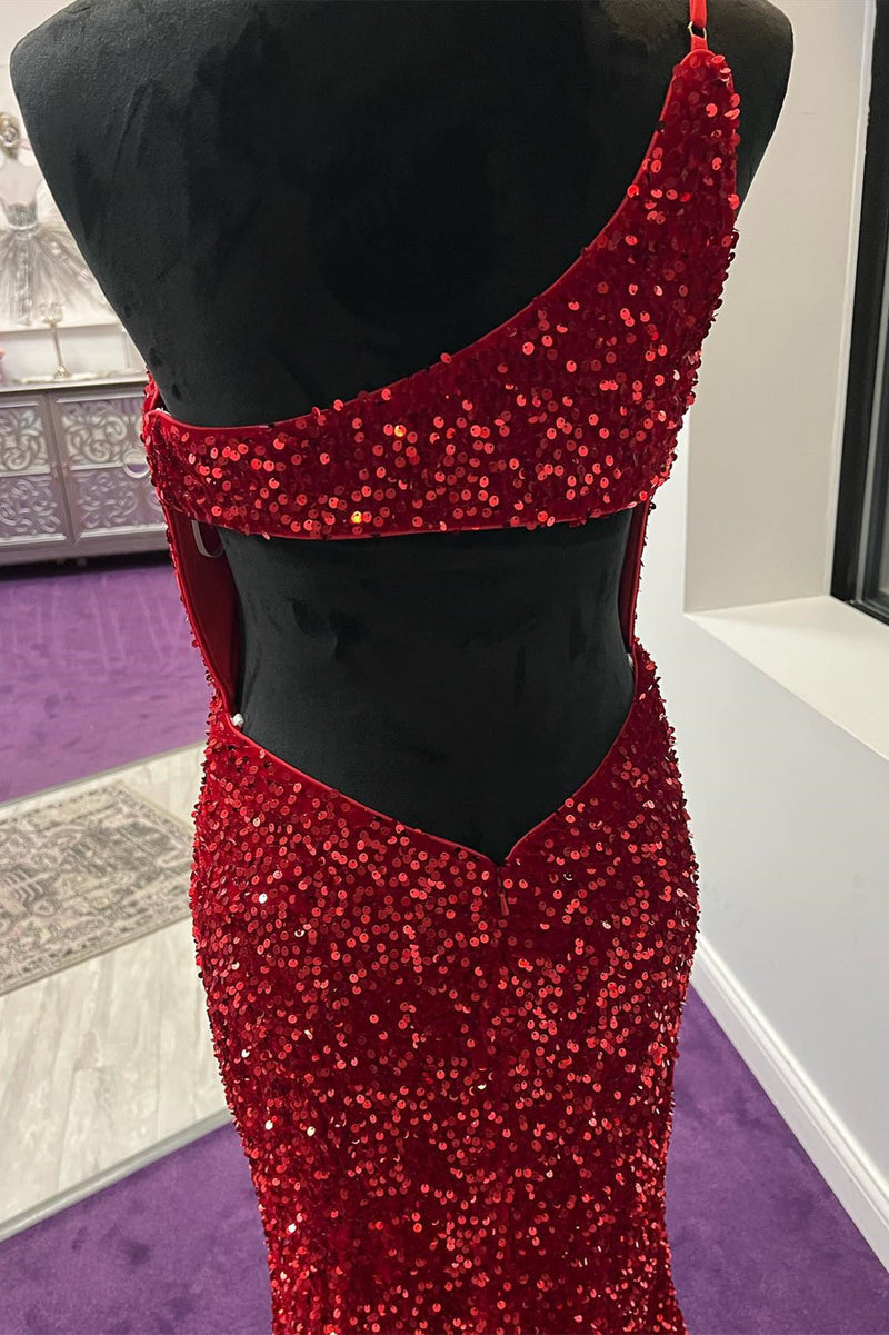 Stunning Red Sequin Mermaid One Shoulder Long Formal Dress