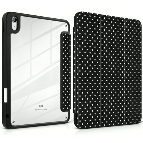Stylish Black Polka Dots Tablet Case Triple Fold Auto Sleep Wake With Stylus Slot Shockproof Anti-Scratch Protective Cover For IPad 11 A16 10th/12th Gen Air 1-8 Pro 13 M4/M5 Mini 4-6 Women Back To Sch