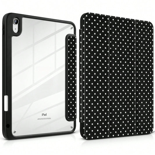 Stylish Black Polka Dots Tablet Case Triple Fold Auto Sleep Wake With Stylus Slot Shockproof Anti-Scratch Protective Cover For IPad 11 A16 10th/12th Gen Air 1-8 Pro 13 M4/M5 Mini 4-6 Women Back To Sch