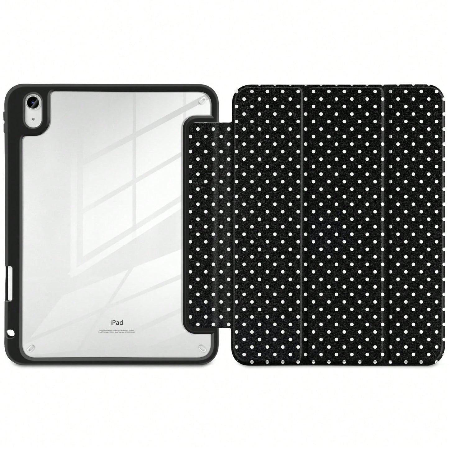 Stylish Black Polka Dots Tablet Case Triple Fold Auto Sleep Wake With Stylus Slot Shockproof Anti-Scratch Protective Cover For IPad 11 A16 10th/12th Gen Air 1-8 Pro 13 M4/M5 Mini 4-6 Women Back To Sch