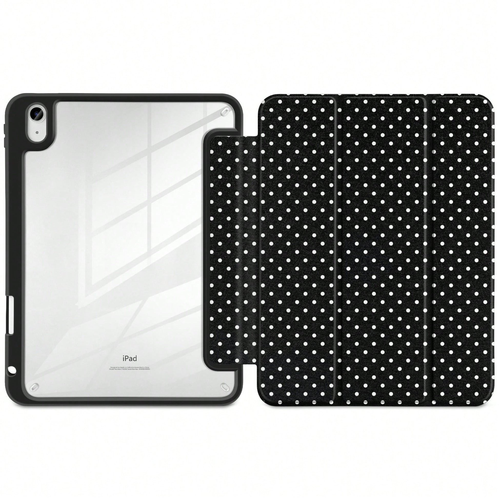 Stylish Black Polka Dots Tablet Case Triple Fold Auto Sleep Wake With Stylus Slot Shockproof Anti-Scratch Protective Cover For IPad 11 A16 10th/12th Gen Air 1-8 Pro 13 M4/M5 Mini 4-6 Women Back To Sch