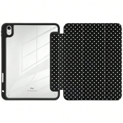 Stylish Black Polka Dots Tablet Case Triple Fold Auto Sleep Wake With Stylus Slot Shockproof Anti-Scratch Protective Cover For IPad 11 A16 10th/12th Gen Air 1-8 Pro 13 M4/M5 Mini 4-6 Women Back To Sch