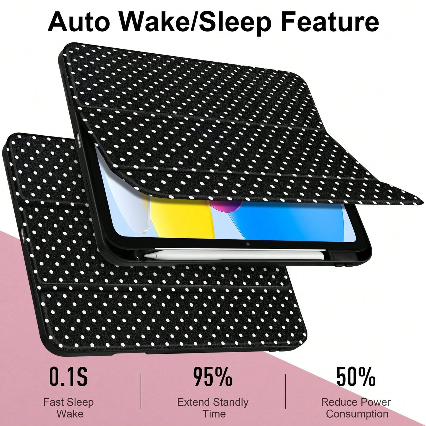 Stylish Black Polka Dots Tablet Case Triple Fold Auto Sleep Wake With Stylus Slot Shockproof Anti-Scratch Protective Cover For IPad 11 A16 10th/12th Gen Air 1-8 Pro 13 M4/M5 Mini 4-6 Women Back To Sch