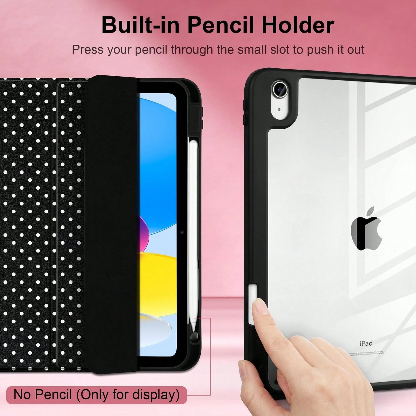 Stylish Black Polka Dots Tablet Case Triple Fold Auto Sleep Wake With Stylus Slot Shockproof Anti-Scratch Protective Cover For IPad 11 A16 10th/12th Gen Air 1-8 Pro 13 M4/M5 Mini 4-6 Women Back To Sch