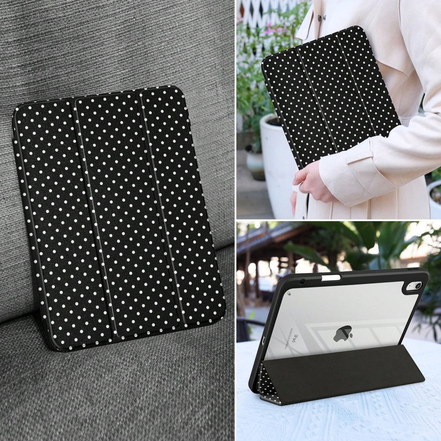 Stylish Black Polka Dots Tablet Case Triple Fold Auto Sleep Wake With Stylus Slot Shockproof Anti-Scratch Protective Cover For IPad 11 A16 10th/12th Gen Air 1-8 Pro 13 M4/M5 Mini 4-6 Women Back To Sch