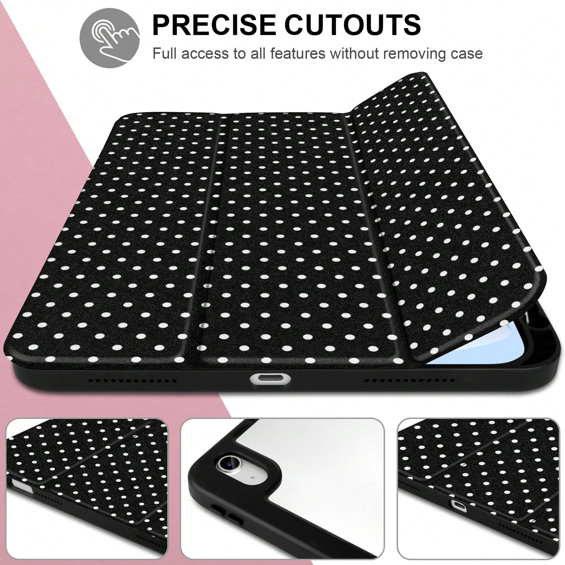 Stylish Black Polka Dots Tablet Case Triple Fold Auto Sleep Wake With Stylus Slot Shockproof Anti-Scratch Protective Cover For IPad 11 A16 10th/12th Gen Air 1-8 Pro 13 M4/M5 Mini 4-6 Women Back To Sch
