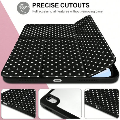 Stylish Black Polka Dots Tablet Case Triple Fold Auto Sleep Wake With Stylus Slot Shockproof Anti-Scratch Protective Cover For IPad 11 A16 10th/12th Gen Air 1-8 Pro 13 M4/M5 Mini 4-6 Women Back To Sch