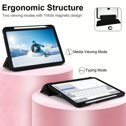 Stylish Black Polka Dots Tablet Case Triple Fold Auto Sleep Wake With Stylus Slot Shockproof Anti-Scratch Protective Cover For IPad 11 A16 10th/12th Gen Air 1-8 Pro 13 M4/M5 Mini 4-6 Women Back To Sch