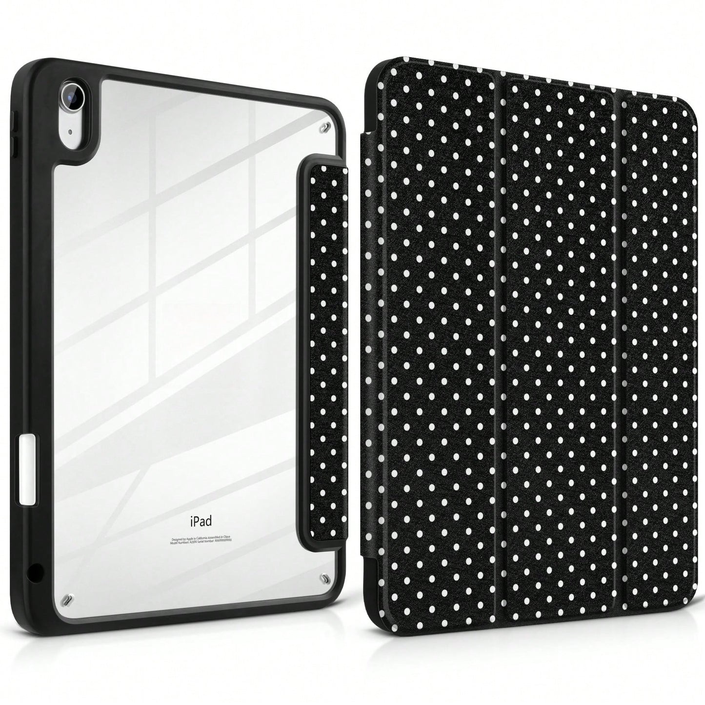 Stylish Black Polka Dots Tablet Case Triple Fold Auto Sleep Wake With Stylus Slot Shockproof Anti-Scratch Protective Cover For IPad 11 A16 10th/12th Gen Air 1-8 Pro 13 M4/M5 Mini 4-6 Women Back To Sch