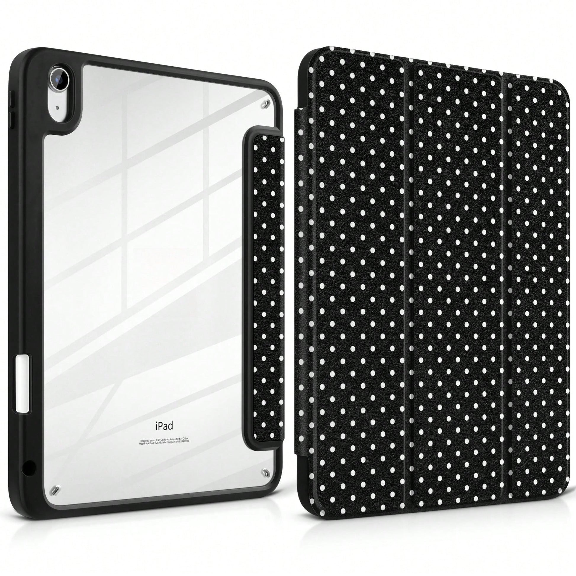Stylish Black Polka Dots Tablet Case Triple Fold Auto Sleep Wake With Stylus Slot Shockproof Anti-Scratch Protective Cover For IPad 11 A16 10th/12th Gen Air 1-8 Pro 13 M4/M5 Mini 4-6 Women Back To Sch