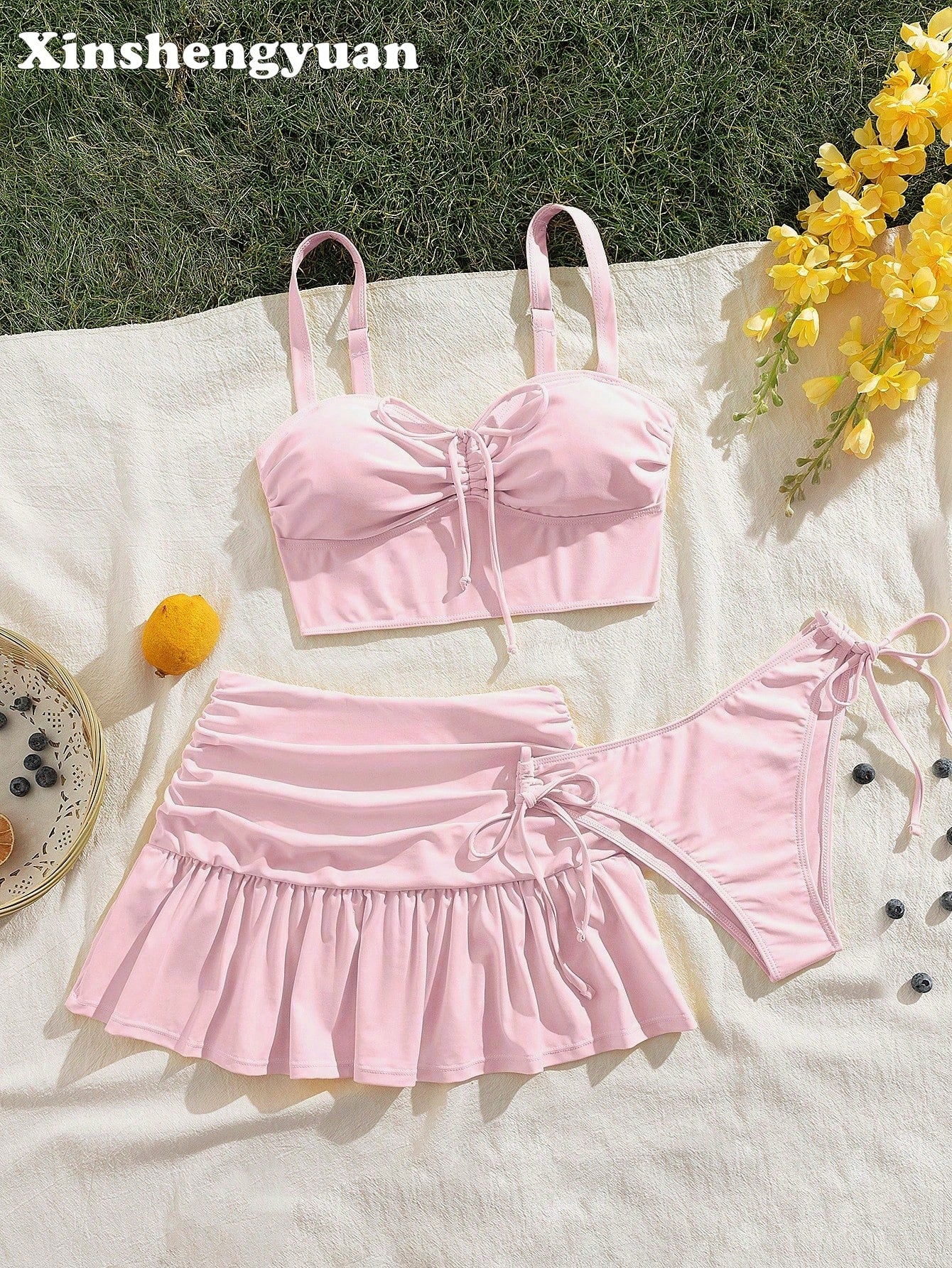 Sultry Sol 3pcs/Set Slimming Solid Color, Sexy, Wave Hem, Ruffle Hem Ruched Short Skirt