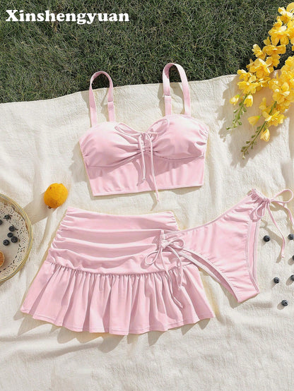 Sultry Sol 3pcs/Set Slimming Solid Color, Sexy, Wave Hem, Ruffle Hem Ruched Short Skirt