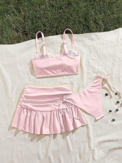 Sultry Sol 3pcs/Set Slimming Solid Color, Sexy, Wave Hem, Ruffle Hem Ruched Short Skirt