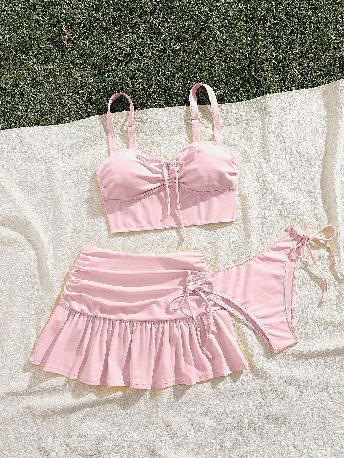 Sultry Sol 3pcs/Set Slimming Solid Color, Sexy, Wave Hem, Ruffle Hem Ruched Short Skirt