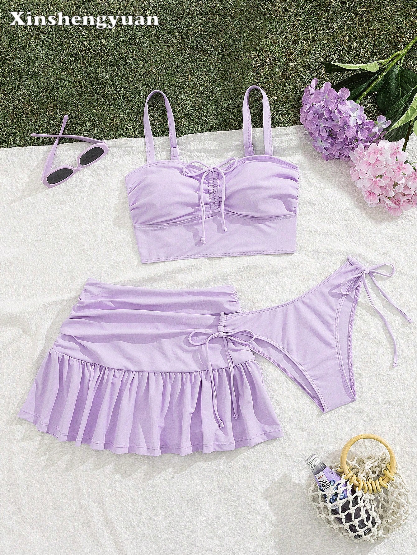Sultry Sol 3pcs/Set Slimming Solid Color, Sexy, Wave Hem, Ruffle Hem Ruched Short Skirt