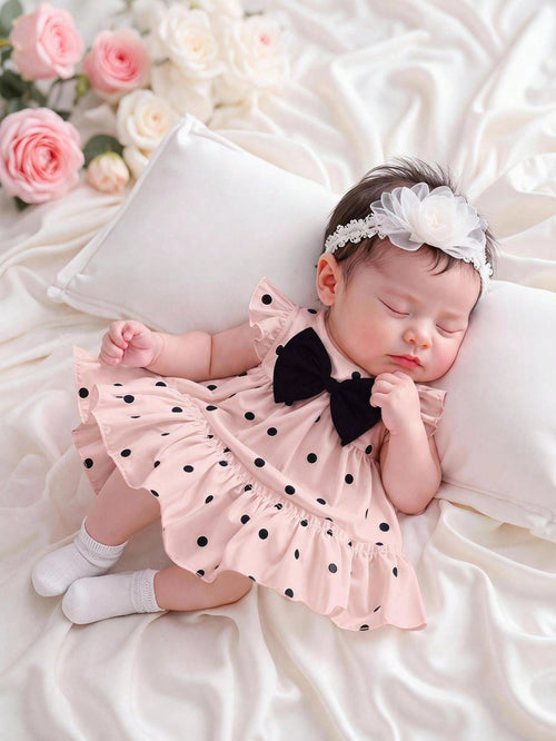 Summer Baby Girls' Apricot Ruffle Flutter‑Sleeve Dress For Newborns Classic Beige‑Black Polka Dot Print, Loose A‑Line Tiered Skirt Lightweight, Skin‑Friendly & Breathable Fabric Suitable For Dai