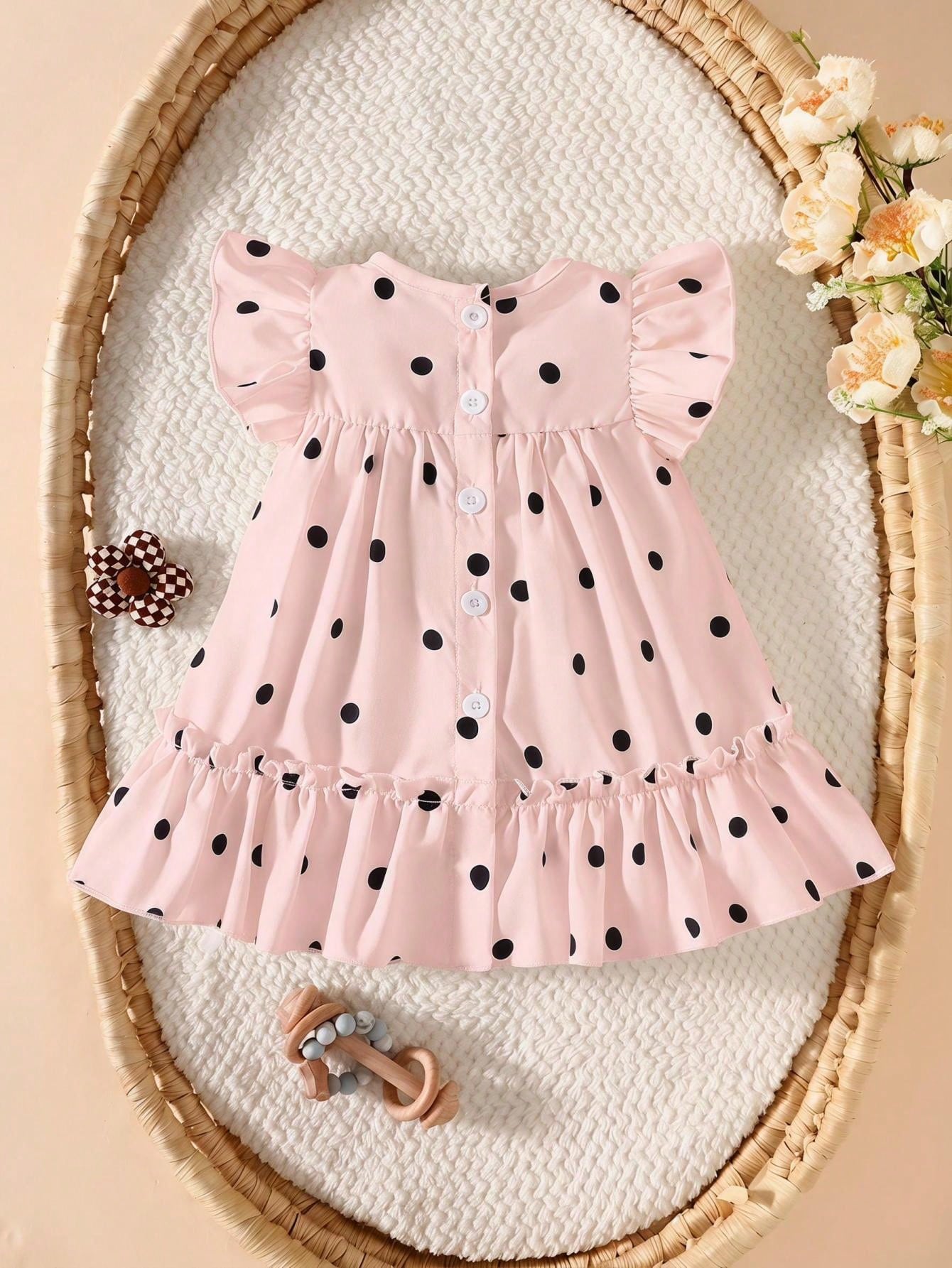 Summer Baby Girls' Apricot Ruffle Flutter‑Sleeve Dress For Newborns Classic Beige‑Black Polka Dot Print, Loose A‑Line Tiered Skirt Lightweight, Skin‑Friendly & Breathable Fabric Suitable For Dai